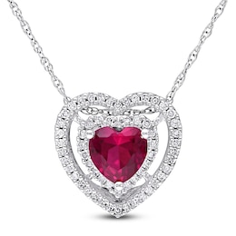 Heart-Shaped Lab-Created Ruby & Diamond Necklace 1/5 ct tw 10K White Gold 18"