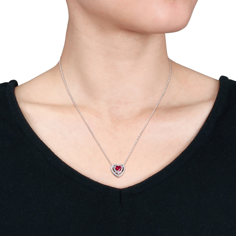 Main Image 3 of Heart-Shaped Lab-Created Ruby & Diamond Necklace 1/5 ct tw 10K White Gold 18"