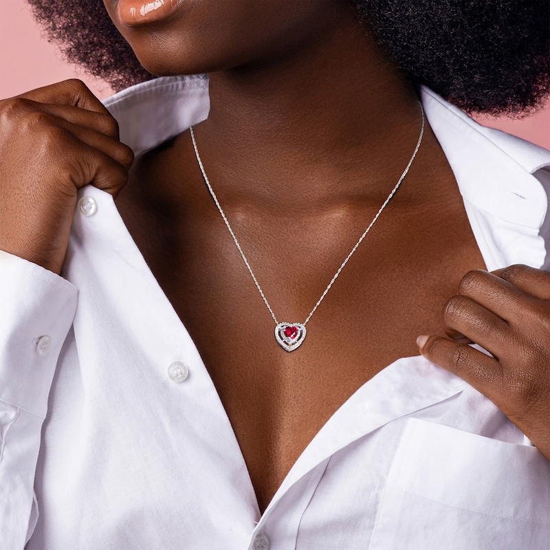 Main Image 4 of Heart-Shaped Lab-Created Ruby & Diamond Necklace 1/5 ct tw 10K White Gold 18"