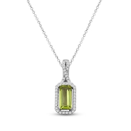Emerald-Cut Peridot & Diamond Halo Necklace 1/10 ct tw 10K White Gold 18"