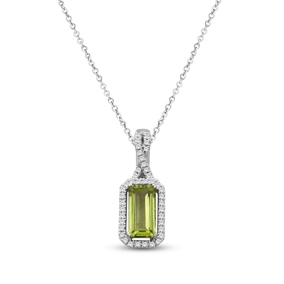 Emerald-Cut Peridot & Diamond Halo Necklace 1/10 ct tw 10K White Gold 18"