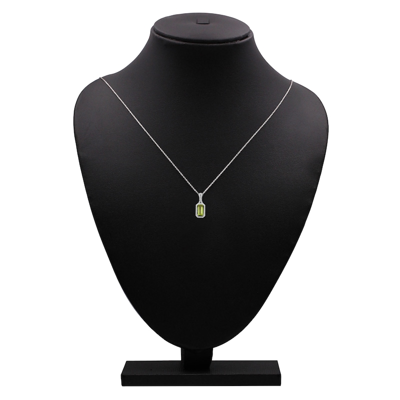 Main Image 4 of Emerald-Cut Peridot & Diamond Halo Necklace 1/10 ct tw 10K White Gold 18"