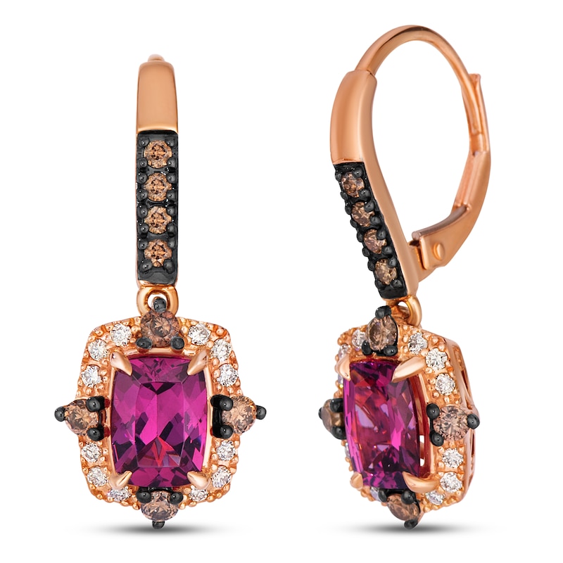 Main Image 1 of Le Vian Cushion-Cut Natural Rhodolite Garnet Drop Earrings 1/2 ct tw Diamonds 14K Strawberry Gold