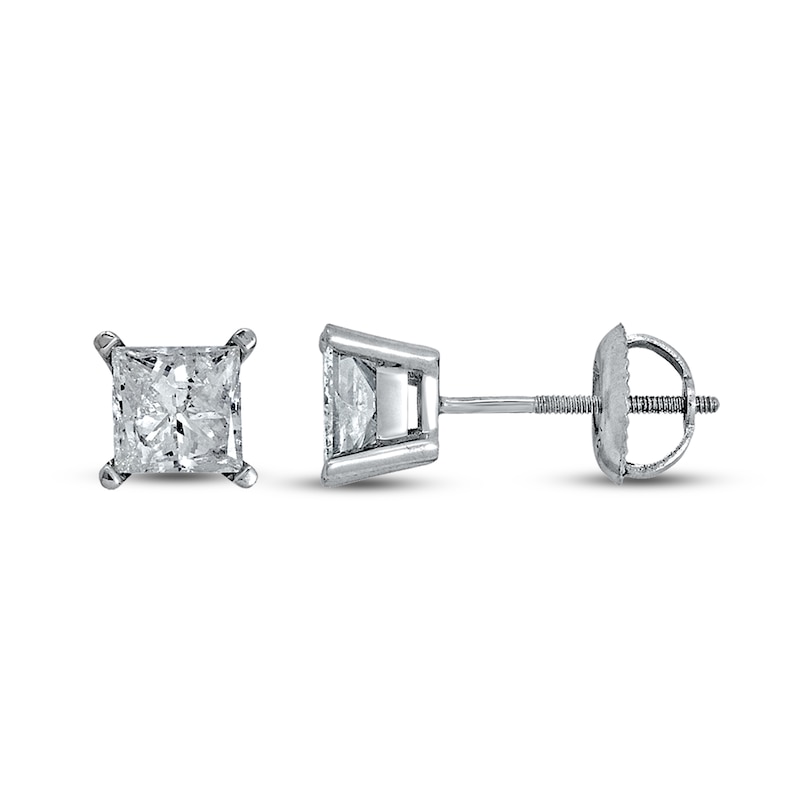 Main Image 1 of Certified Diamond Solitaire Earrings 1 ct tw Princess 14K White Gold (I1/I)