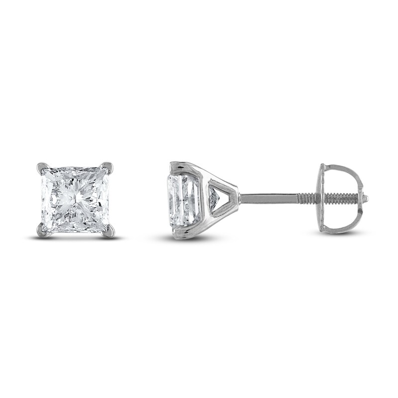 Main Image 2 of Certified Diamond Solitaire Stud Earrings 1 ct tw Princess 18K White Gold (SI2/I)