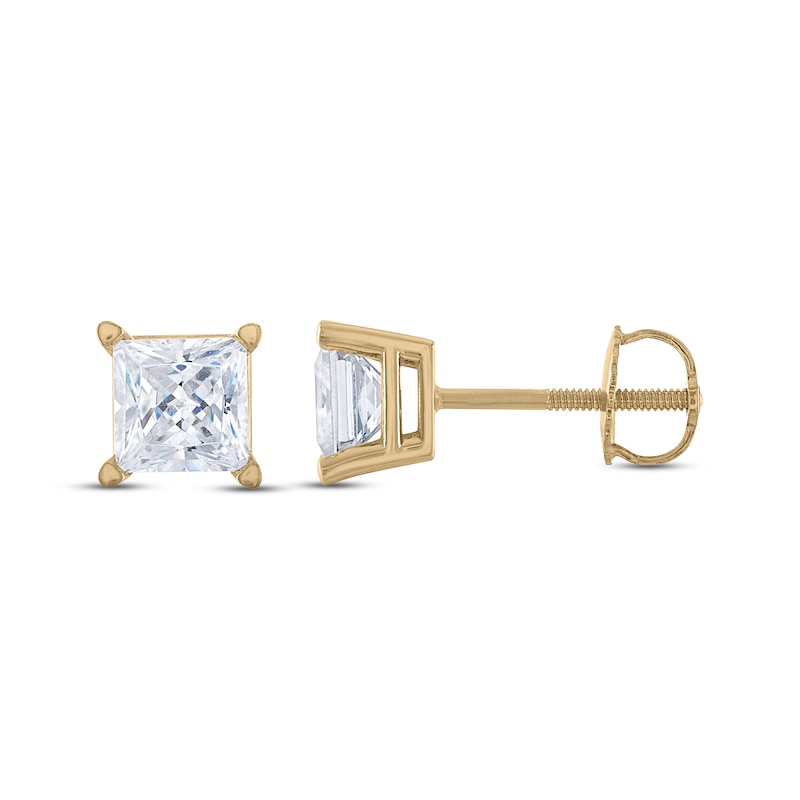 Main Image 1 of Certified Diamond Solitaire Stud Earrings 2 ct tw Princess 14K Yellow Gold (I1/I)