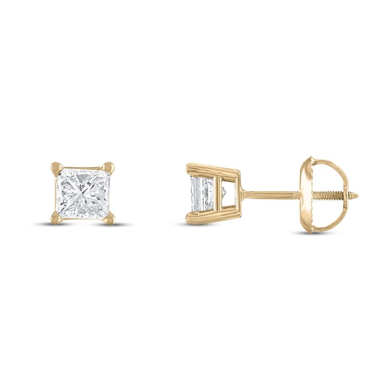 Certified Diamond Solitaire Stud Earrings 1-1/4 ct tw Princess 14K Yellow Gold (I1/I)
