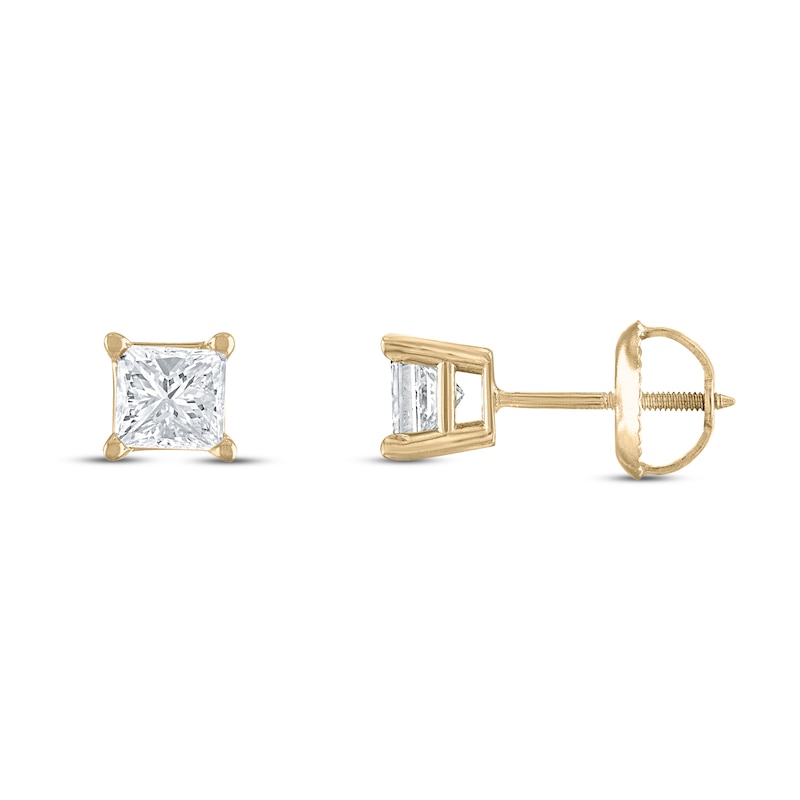 Main Image 1 of Certified Diamond Solitaire Stud Earrings 1-1/4 ct tw Princess 14K Yellow Gold (I1/I)