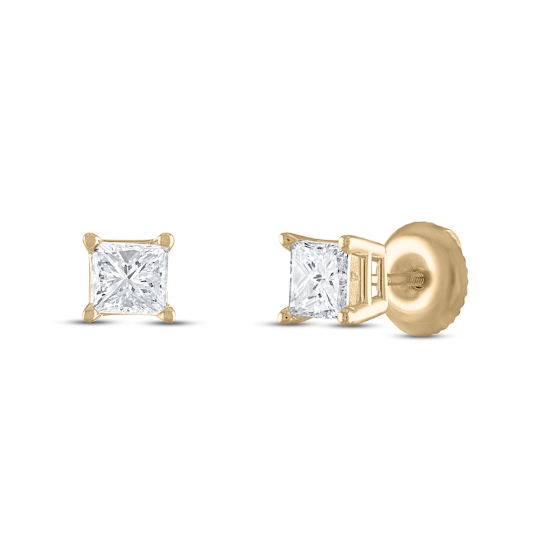 Main Image 2 of Certified Diamond Solitaire Stud Earrings 1-1/4 ct tw Princess 14K Yellow Gold (I1/I)