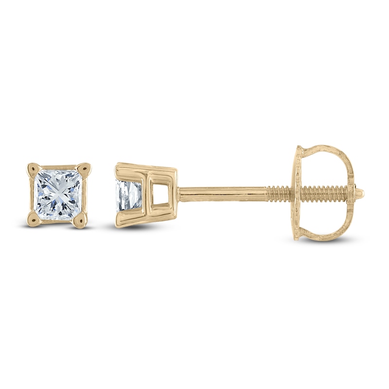 Main Image 1 of Certified Diamond Solitaire Stud Earrings 1/10 ct tw Princess 14K Yellow Gold (I1/I)