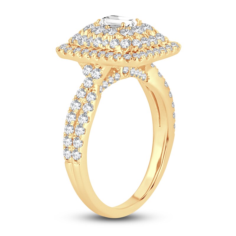 Diamond Triple Halo Engagement Ring 11/2 ct tw Emerald/Round 14K