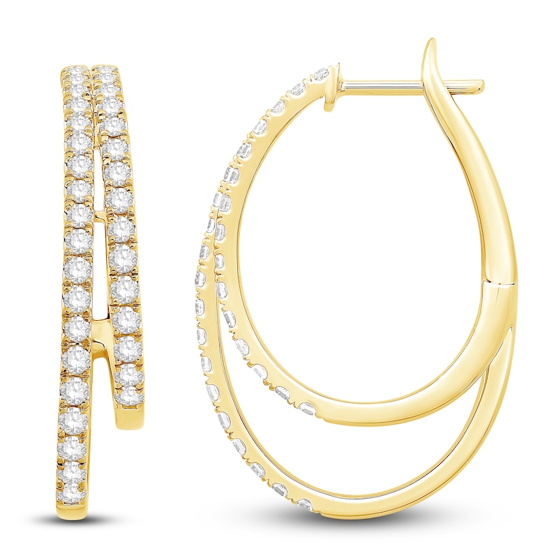 Diamond Double Hoop Earrings 1-1/2 ct tw Round 14K Yellow Gold