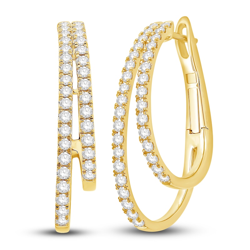 Diamond Double Hoop Earrings 1-1/2 ct tw Round 14K Yellow Gold