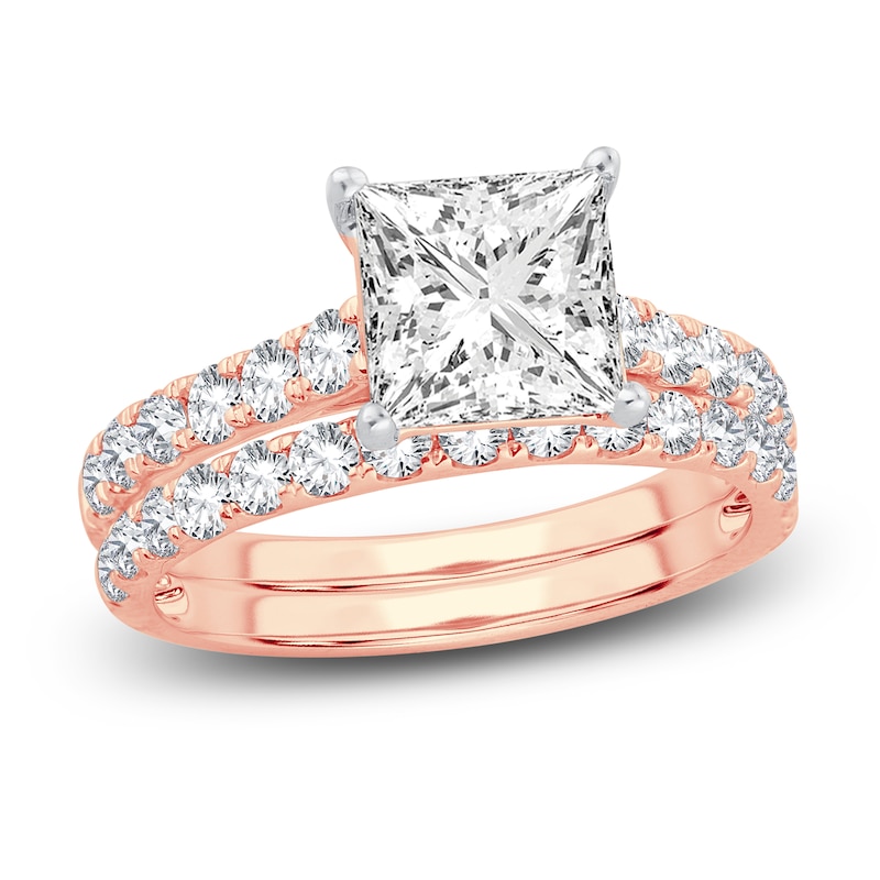 Main Image 1 of Lab-Grown Diamond Bridal Set 3 ct tw Princess/Round 14K Rose Gold