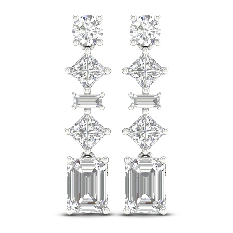 Lab-Created Diamond Drop Earrings 3-1/2 ct tw Round/ Baguette/Princess/Emerald 14K White Gold
