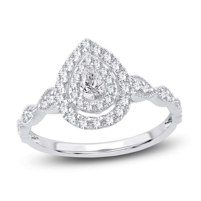 Main Image 1 of Pear & Round-Cut Diamond Double Halo Engagement Ring 1/2 ct tw 14K White Gold