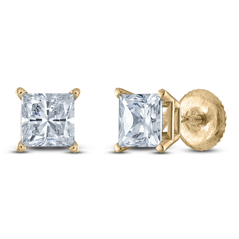 Main Image 2 of Princess-Cut Lab-Grown Diamond Solitaire Stud Earrings 1-1/4 ct tw 14K Yellow Gold (F/SI2)