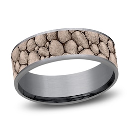 Men's Rock Pattern Comfort-Fit Wedding Band 7.5mm Matte Tantalum & 14K Rose Gold