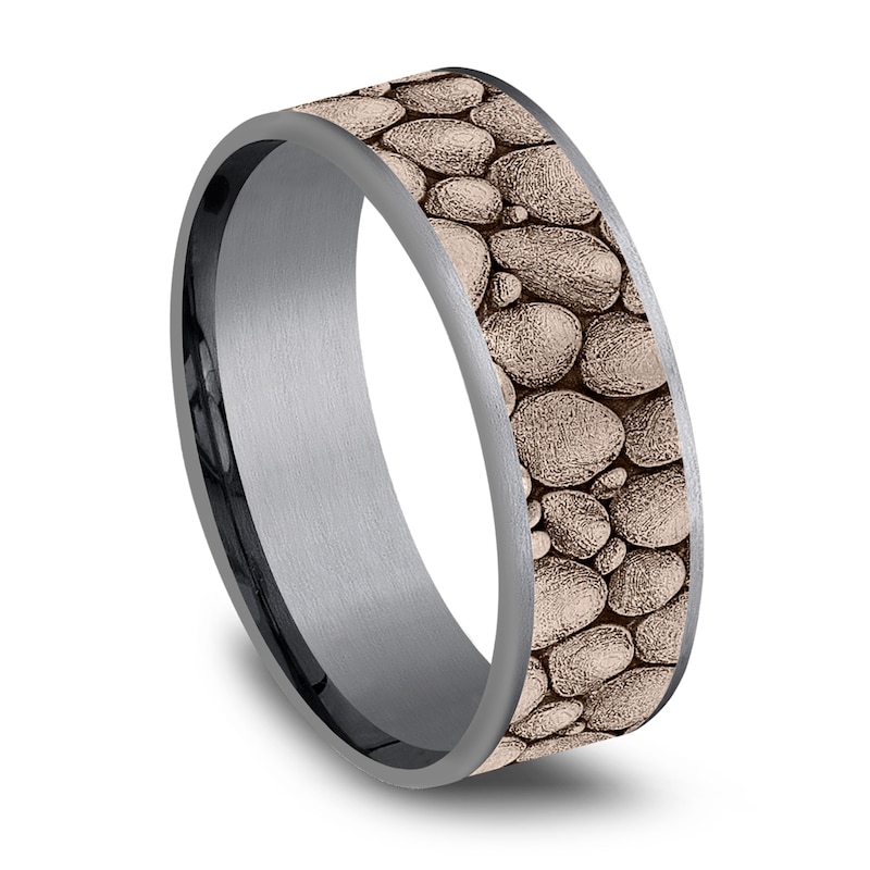 Main Image 2 of Men's Rock Pattern Comfort-Fit Wedding Band 7.5mm Matte Tantalum & 14K Rose Gold
