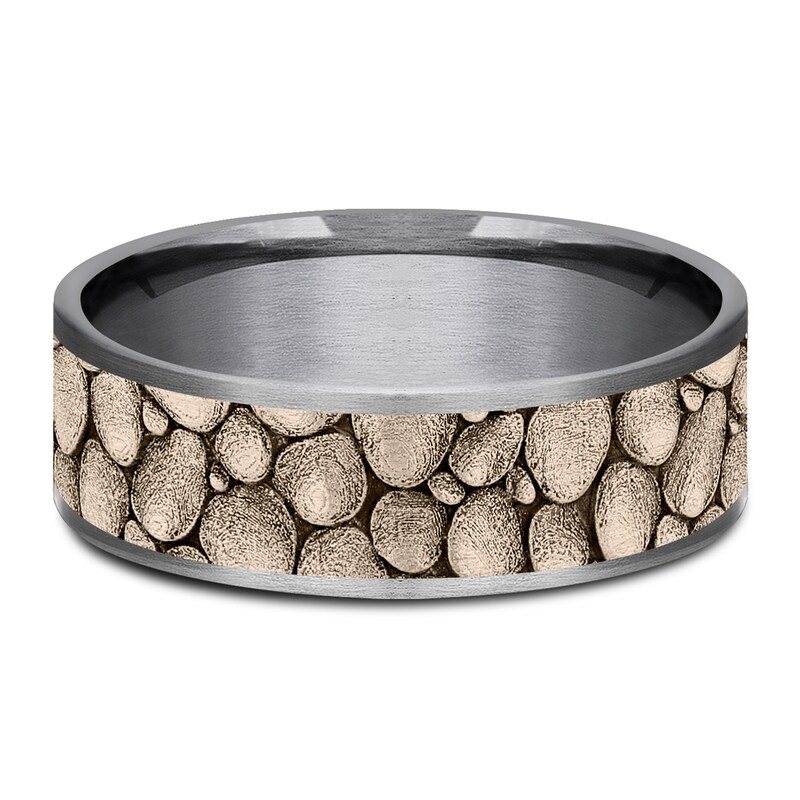 Main Image 3 of Men's Rock Pattern Comfort-Fit Wedding Band 7.5mm Matte Tantalum & 14K Rose Gold