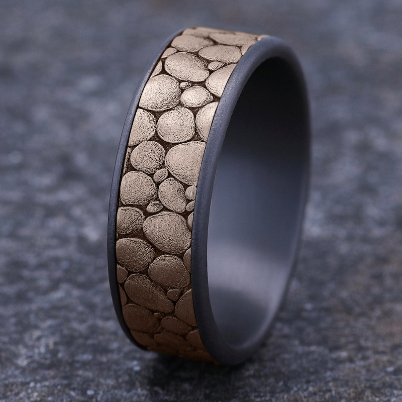 Main Image 4 of Men's Rock Pattern Comfort-Fit Wedding Band 7.5mm Matte Tantalum & 14K Rose Gold