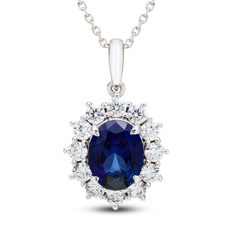Main Image 1 of Oval-Cut Blue Lab-Created Sapphire & White Lab-Created Sapphire Halo Necklace Sterling Silver 18"