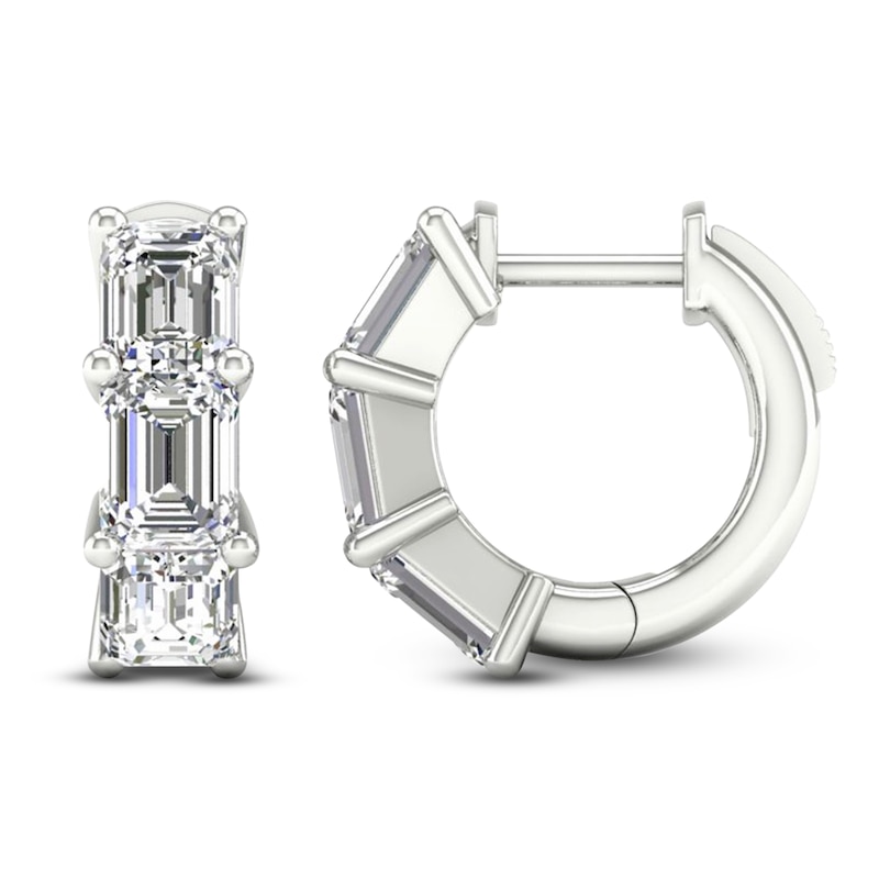 Main Image 1 of Emerald-Cut Lab-Grown Diamond Three-Stone Hoop Earrings 3 ct tw 14K White Gold