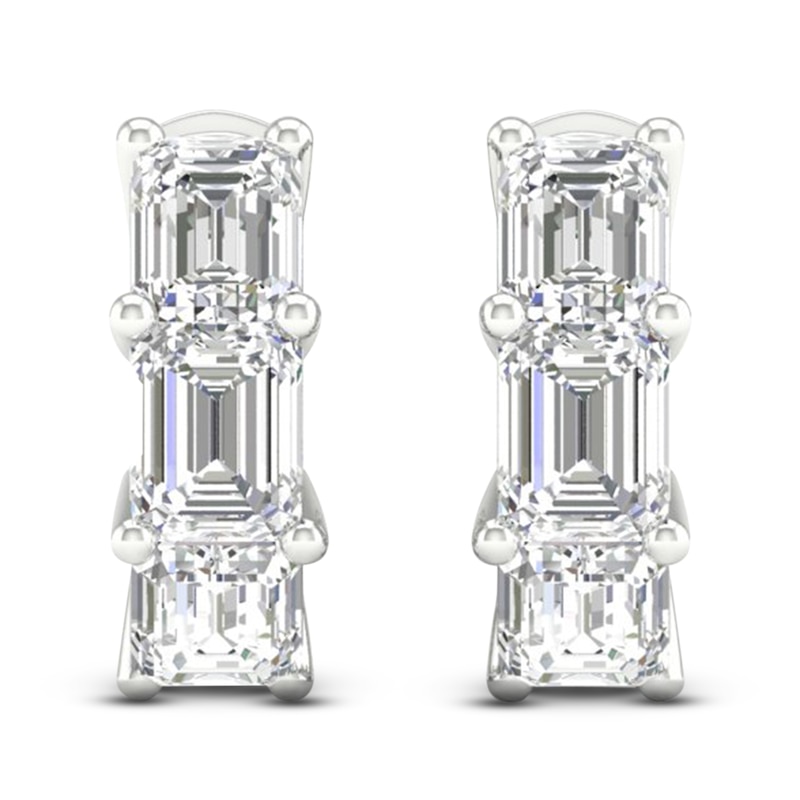 Main Image 4 of Emerald-Cut Lab-Grown Diamond Three-Stone Hoop Earrings 3 ct tw 14K White Gold