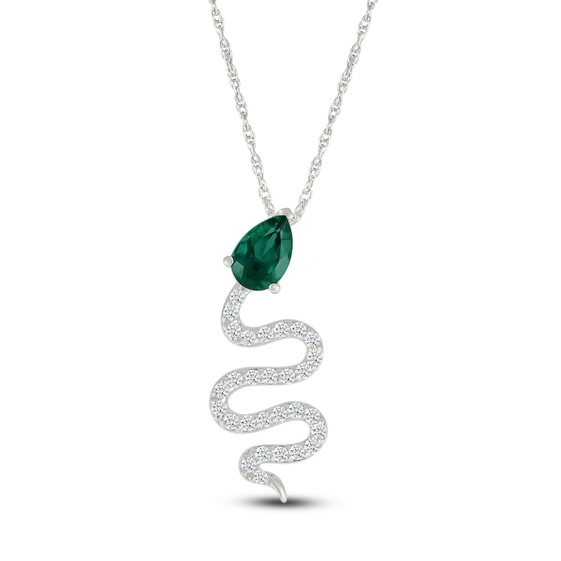 Main Image 1 of Pear-Shaped Lab-Created Emerald & White Lab-Created Sapphire Snake Necklace Sterling Silver 18"