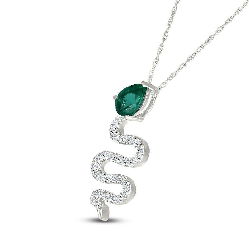 Main Image 2 of Pear-Shaped Lab-Created Emerald & White Lab-Created Sapphire Snake Necklace Sterling Silver 18"