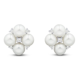 Cultured Pearl & White Lab-Created Sapphire Quad Stud Earrings Sterling Silver