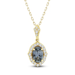 Montana Blue Oval-Cut Natural Sapphire & Diamond Halo Necklace 1/10 ct tw 14K Yellow Gold 18"