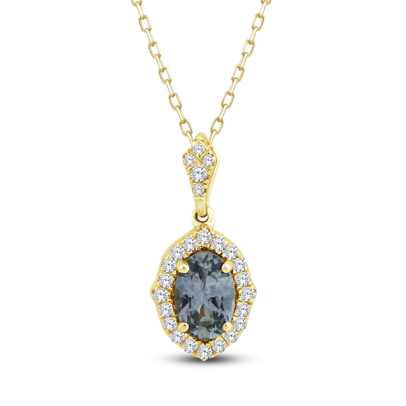 Main Image 1 of Montana Blue Oval-Cut Natural Sapphire & Diamond Halo Necklace 1/10 ct tw 14K Yellow Gold 18"