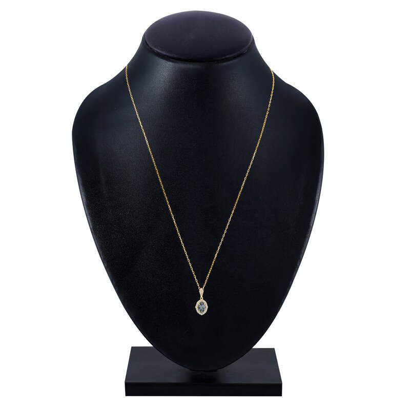 Main Image 4 of Montana Blue Oval-Cut Natural Sapphire & Diamond Halo Necklace 1/10 ct tw 14K Yellow Gold 18"