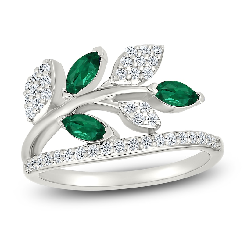 Main Image 1 of Marquise-Cut Lab-Created Emerald & White Lab-Created Sapphire Leaf Ring Sterling Silver