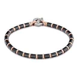 Baraka Men's Bead Bracelet with Diamond Accent Stainless Steel, Black Ceramic & 18K Rose Gold 7.5"