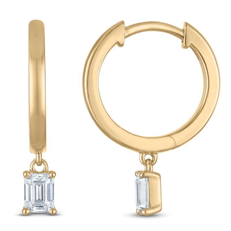 Main Image 1 of Emerald-Cut Lab-Grown Diamond Solitaire Dangle Hoop Earrings 1/2 ct tw 14K Yellow Gold (SI2/F)