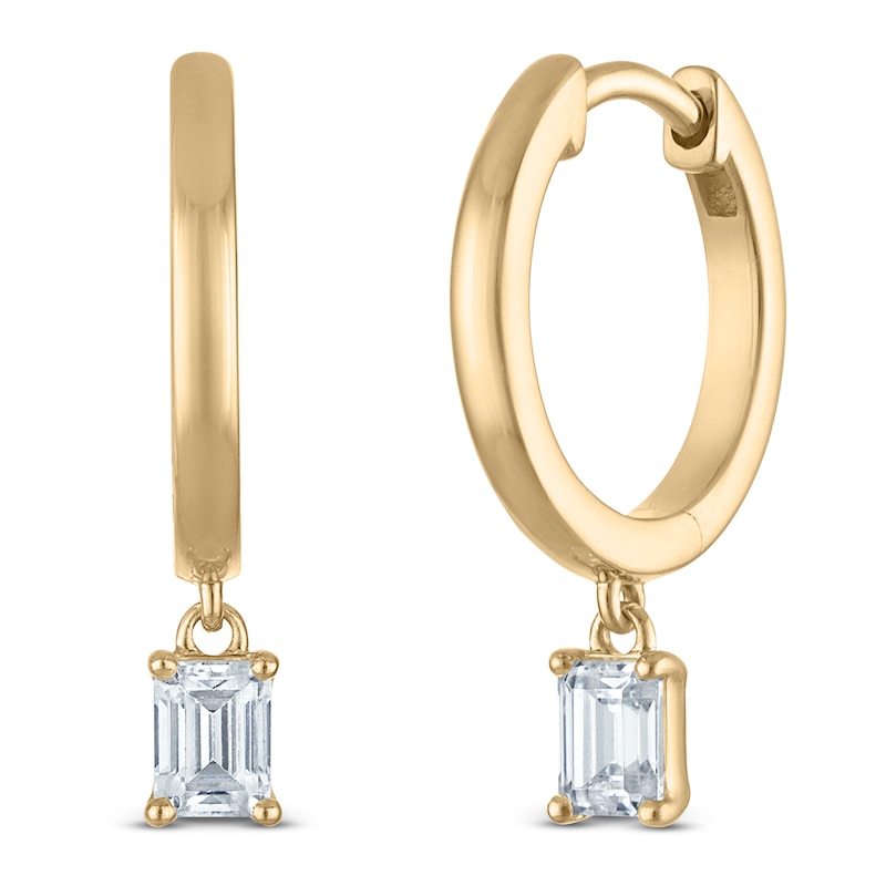 Main Image 2 of Emerald-Cut Lab-Grown Diamond Solitaire Dangle Hoop Earrings 1/2 ct tw 14K Yellow Gold (SI2/F)
