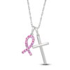 Thumbnail Image 1 of Pink Lab-Created Sapphire Ribbon & Cross Necklace 10K White Gold 18"