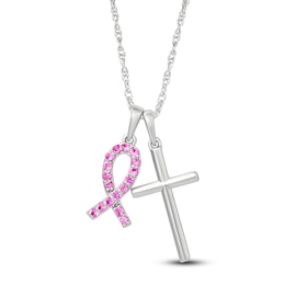 Pink Lab-Created Sapphire Ribbon & Cross Necklace 10K White Gold 18"