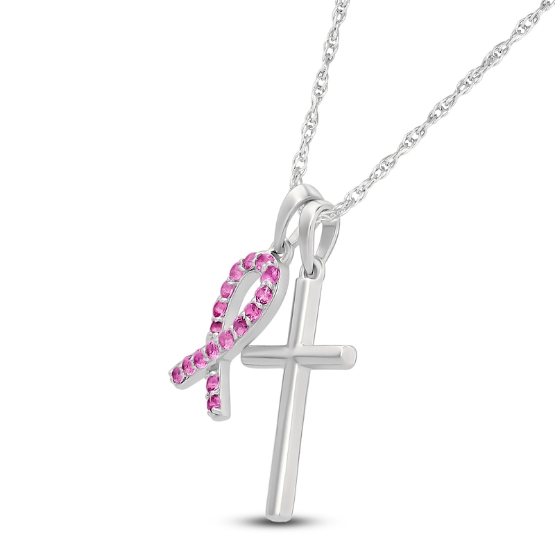 Main Image 2 of Pink Lab-Created Sapphire Ribbon & Cross Necklace 10K White Gold 18"