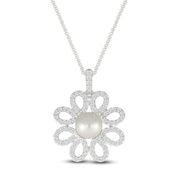 Cultured Pearl & White Lab-Created Sapphire Flower Necklace Sterling Silver 18"