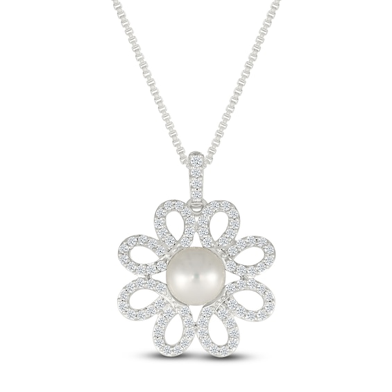 Cultured Pearl & White Lab-Created Sapphire Flower Necklace Sterling Silver 18"