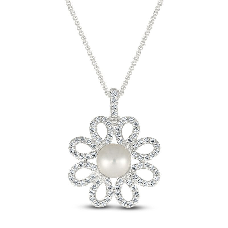 Main Image 1 of Cultured Pearl & White Lab-Created Sapphire Flower Necklace Sterling Silver 18"