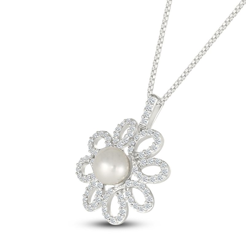 Main Image 2 of Cultured Pearl & White Lab-Created Sapphire Flower Necklace Sterling Silver 18"