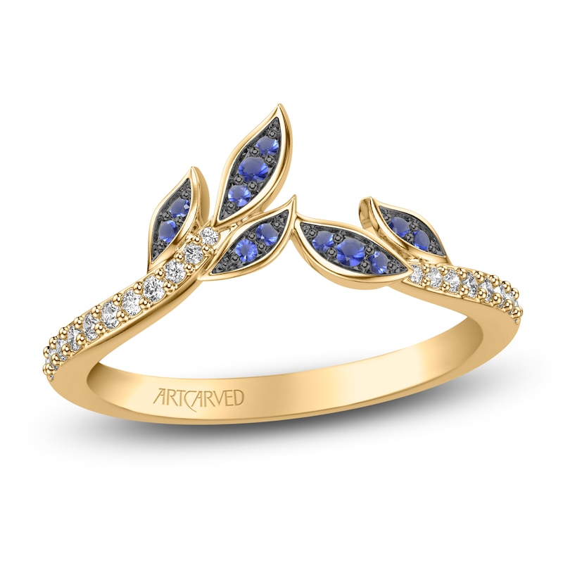 Main Image 1 of ArtCarved Diamond & Natural Blue Sapphire Leaf Ring 1/8 ct tw 14K Yellow Gold