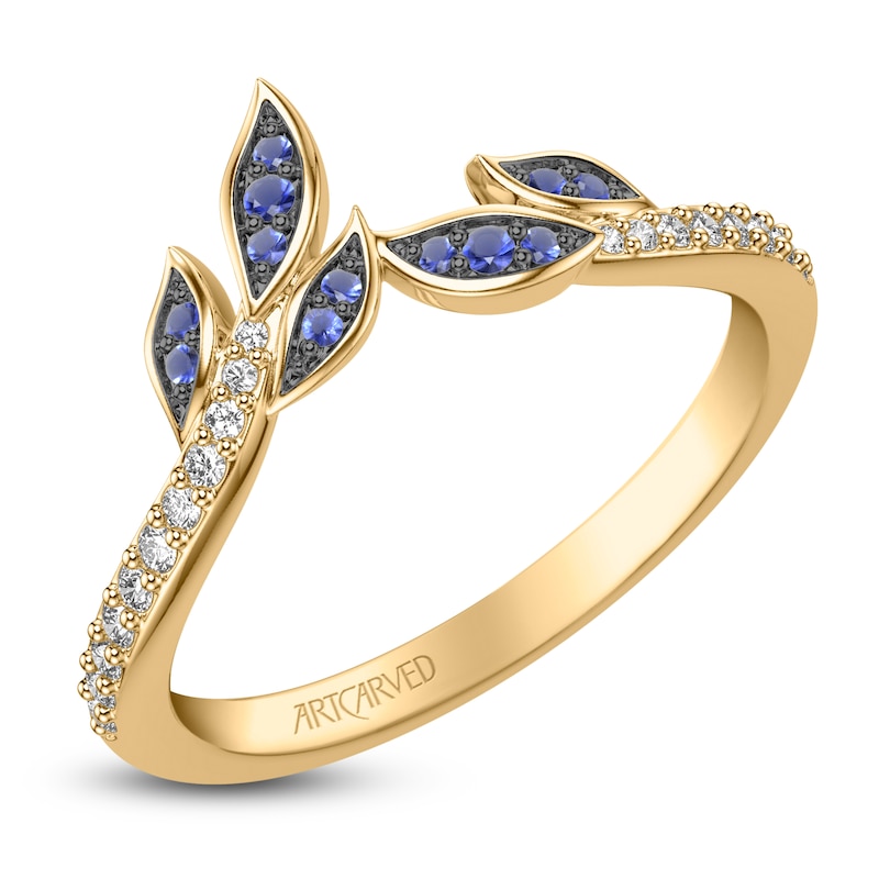 Main Image 2 of ArtCarved Diamond & Natural Blue Sapphire Leaf Ring 1/8 ct tw 14K Yellow Gold