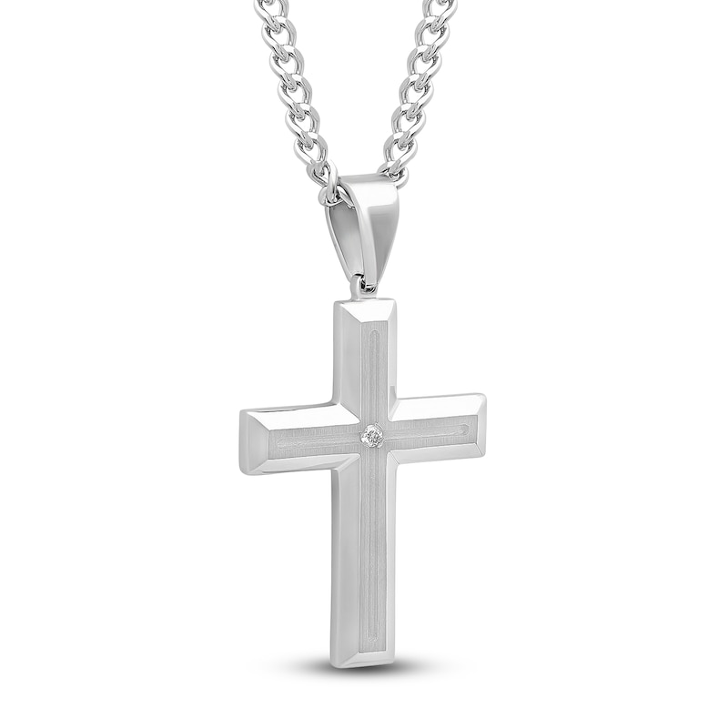 Main Image 2 of Men's Diamond Accent Cross Necklace Stainless Steel 24"
