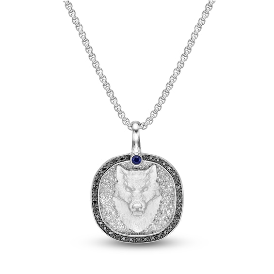 Men's Natural Blue Sapphire & Black Diamond Wolf Necklace 1/4 ct tw Sterling Silver 24"