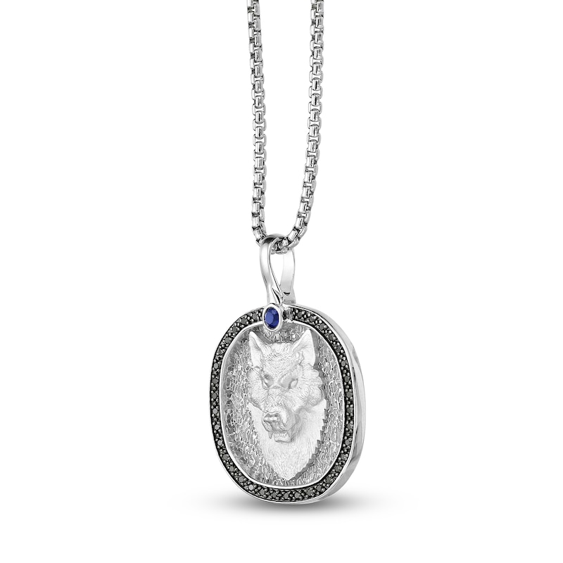 Main Image 2 of Men's Natural Blue Sapphire & Black Diamond Wolf Necklace 1/4 ct tw Sterling Silver 24"